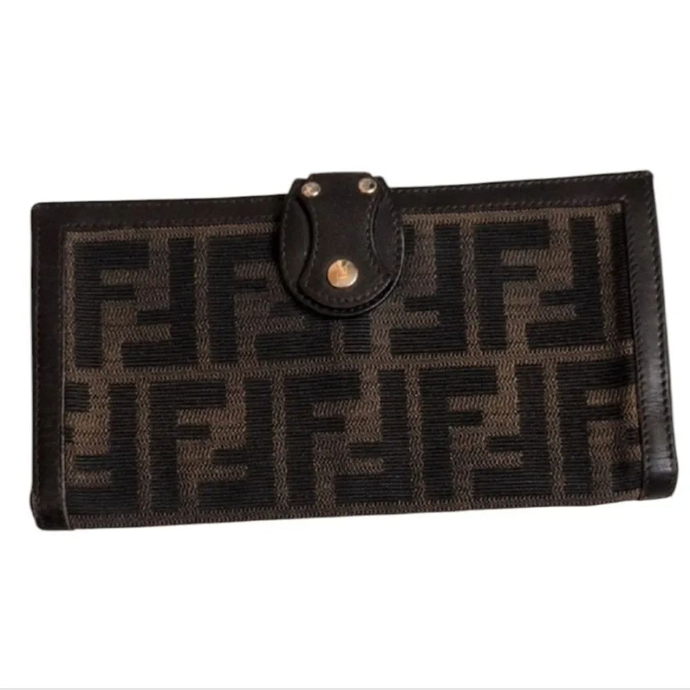 Authentic Fendi Brown Zucca Wallet Tri-Fold Long Brown Leather Canvas AF52695